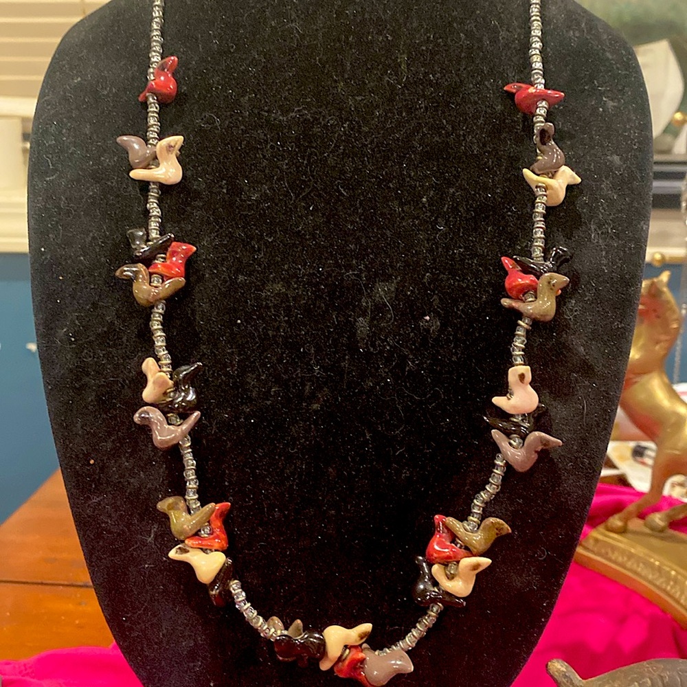 Vintage Bird Fetish Necklace. Birds Are Cold.  Glass,Ceramic Etc.